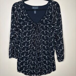 INC International Concepts Black Embroidered Mesh Tie Front Top XL 3/4‎ Sleeve